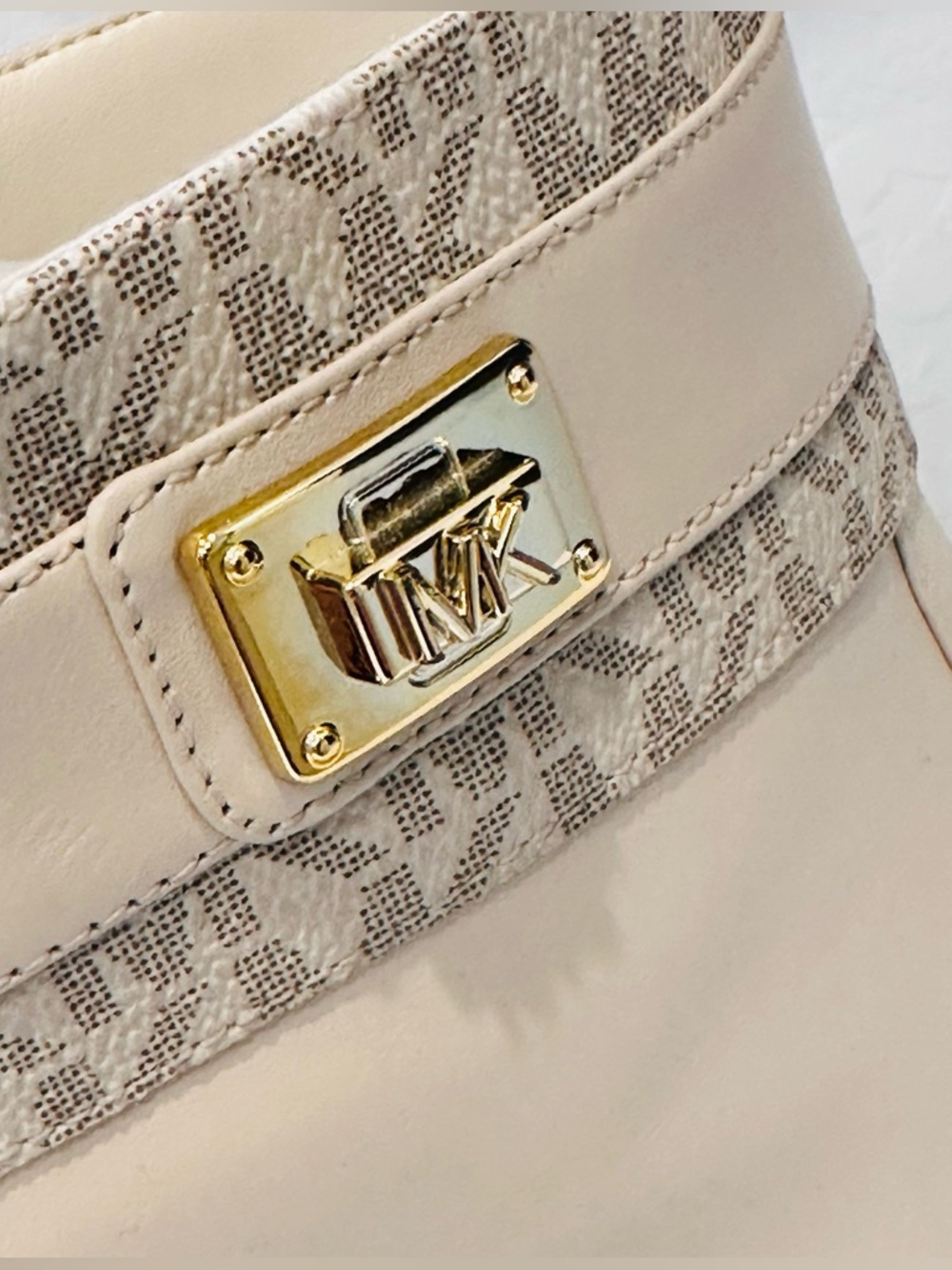 Michael Kors Padma Ankle Booties 9.5M Beige Logo-Trim Strap Women Leather Shoes - Picture 9 of 15